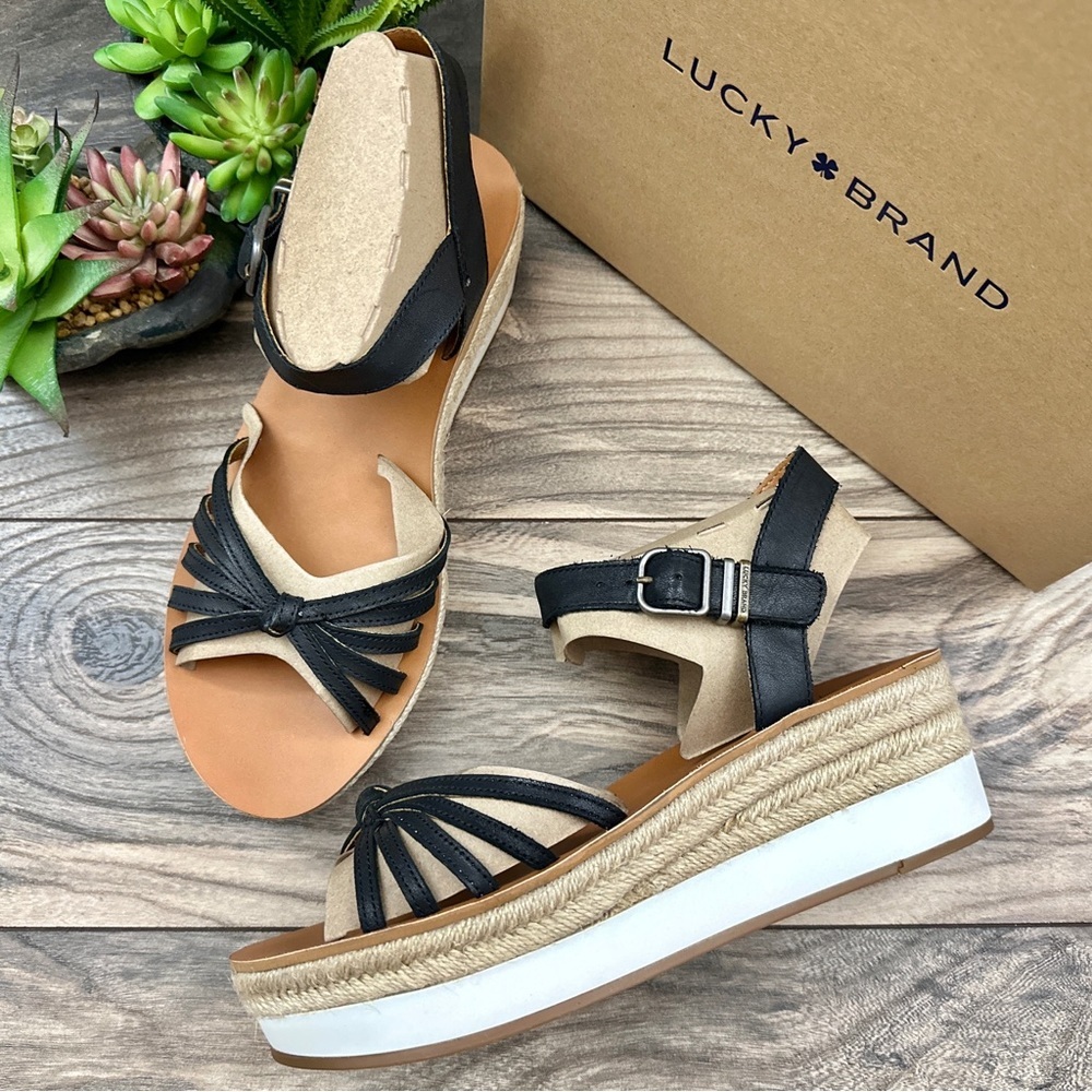 NIB Lucky Brand Juniffer Platform Wedge Sandal Black Dress Winter Haze 9M